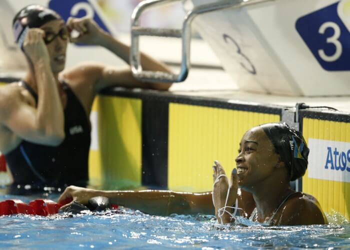 Jul 17, 2015; Toronto, Ontario, CAN; Arianna Vanderpool-Wallace of the Bahamas reacts after winning the women's 50m freestyle final the 2015 Pan Am Games at Pan Am Aquatics UTS Centre and Field House. Mandatory Credit: Erich Schlegel-USA TODAY Sports