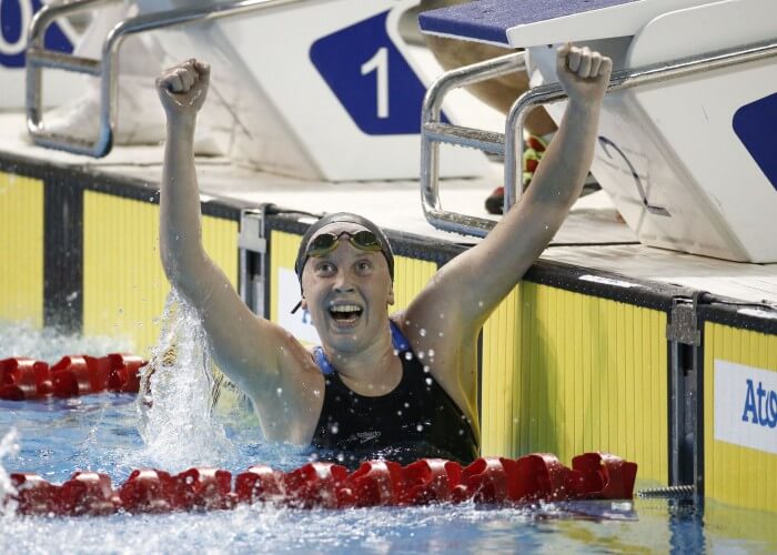 Jul 18, 2015; Toronto, Ontario, CAN; Sierra Schmidt of the United States celebrates after winning the women's swimming 800m freestyle final during the 2015 Pan Am Games at Pan Am Aquatics UTS Centre and Field House. Mandatory Credit: Rob Schumacher-USA TODAY Sports