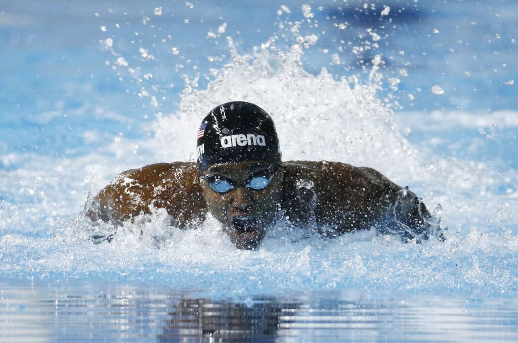 Jul 16, 2015; Toronto, Ontario, CAN; Giles Smith of the United States competes in the men's swimming 100m butterfly final during the 2015 Pan Am Games at Pan Am Aquatics UTS Centre and Field House. Mandatory Credit: Rob Schumacher-USA TODAY Sports