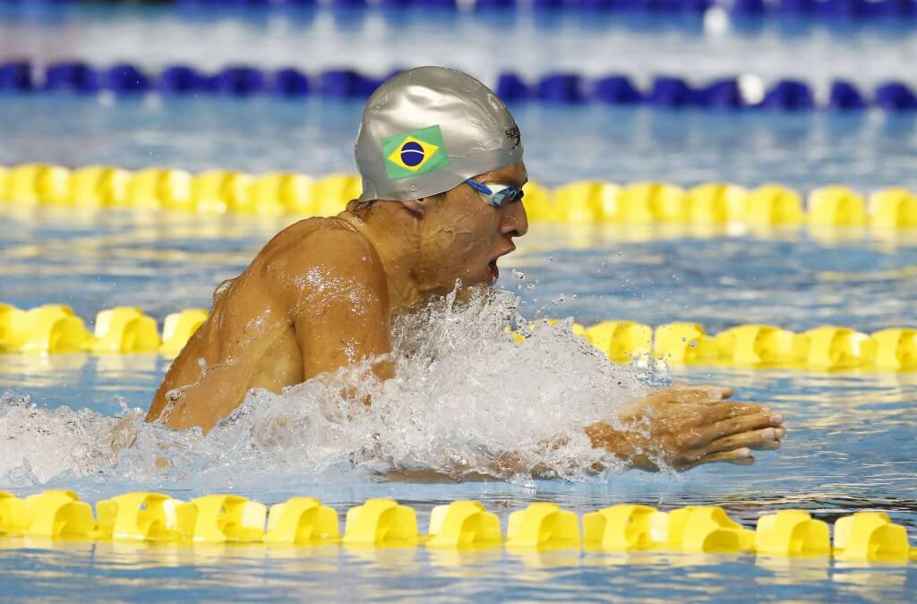Jul 16, 2015; Toronto, Ontario, CAN; Brandonn Almeida of Brazil competes in the men's swimming 400m individual medley preliminary heats during the 2015 Pan Am Games at Pan Am Aquatics UTS Centre and Field House. Mandatory Credit: Rob Schumacher-USA TODAY Sports