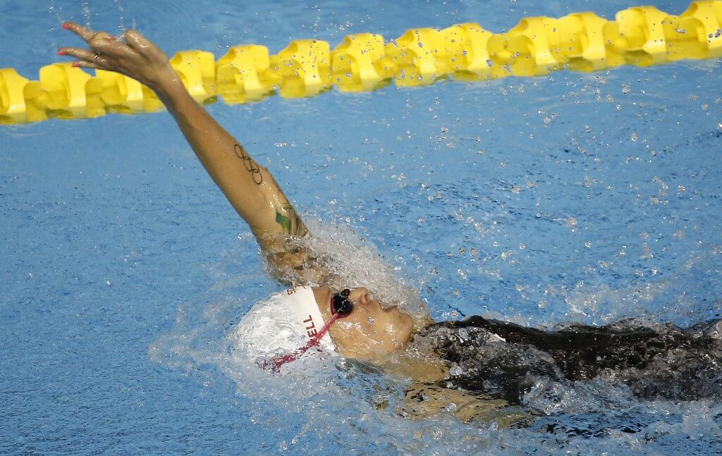 Jul 15, 2015; Toronto, Ontario, CAN; Hilary Caldwell of Canada competes in the women's 200m backstroke preliminary heat during the 2015 Pan Am Games at Pan Am Aquatics UTS Centre and Field House. Mandatory Credit: Rob Schumacher-USA TODAY Sports