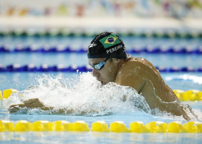 Jul 18, 2015; Toronto, Ontario, CAN; Thiago Pereira of Brazil competes in the men's swimming 200m individual medley during the 2015 Pan Am Games at Pan Am Aquatics UTS Centre and Field House. Mandatory Credit: Erich Schlegel-USA TODAY Sports