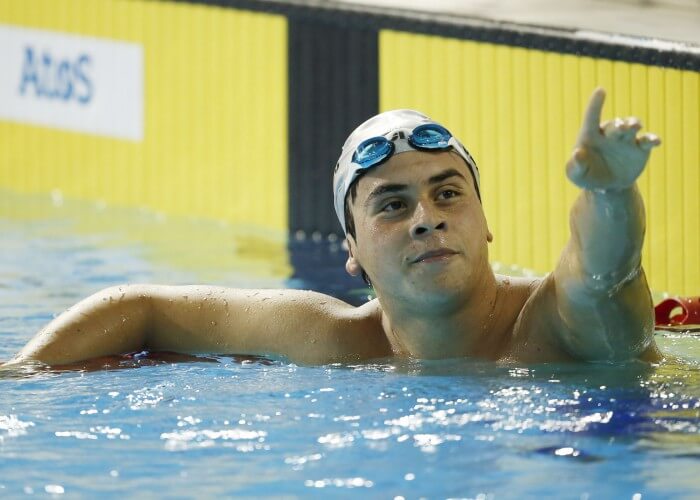 Jul 18, 2015; Toronto, Ontario, CAN; Ricardo Vargas of Mexico wins his men's 1500m freestyle final during the 2015 Pan Am Games at Pan Am Aquatics UTS Centre and Field House. Mandatory Credit: Erich Schlegel-USA TODAY Sports