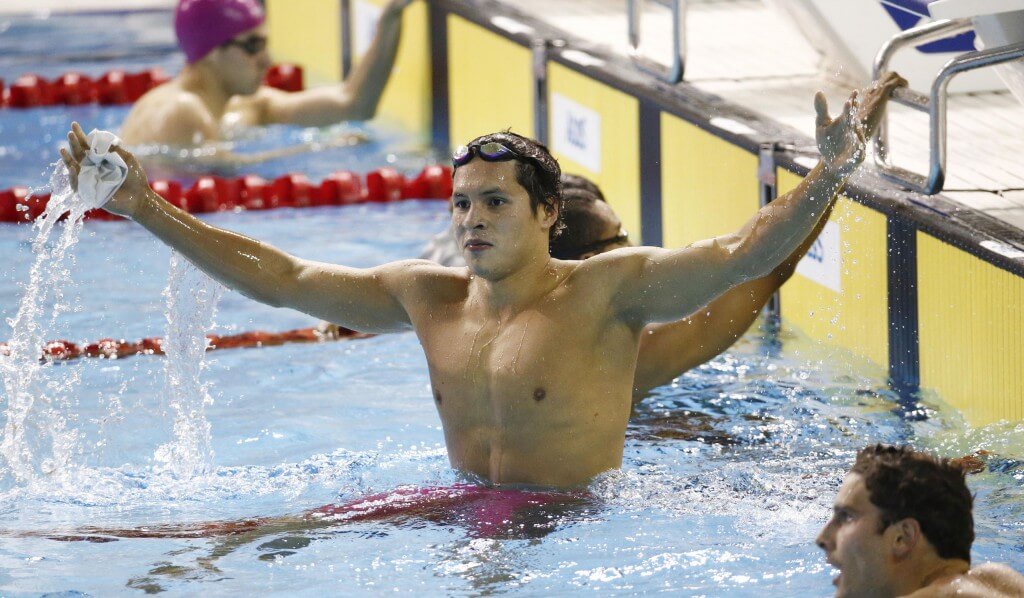 Jul 18, 2015; Toronto, Ontario, CAN; Jose Martinez of Mexico reacts after placing second in the men's swimming 200m individual medley B final during the 2015 Pan Am Games at Pan Am Aquatics UTS Centre and Field House. Mandatory Credit: Rob Schumacher-USA TODAY Sports
