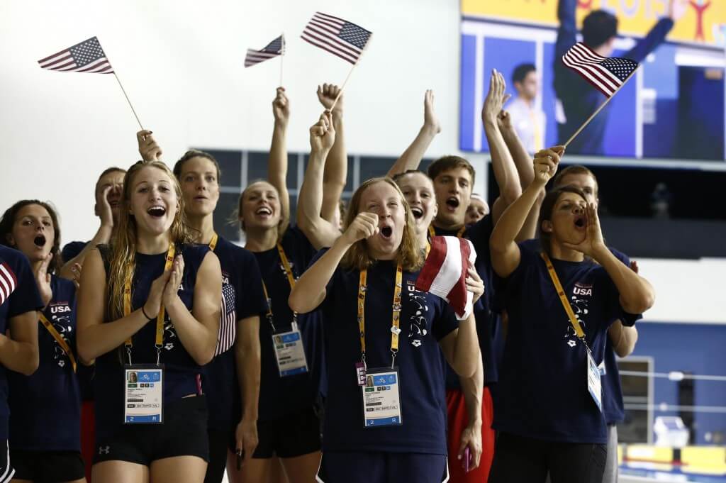Jul 17, 2015; Toronto, Ontario, CAN; United States athletes cheer during the medal ceremony for the women's 100m backstroke final the 2015 Pan Am Games at Pan Am Aquatics UTS Centre and Field House. Mandatory Credit: Rob Schumacher-USA TODAY Sports