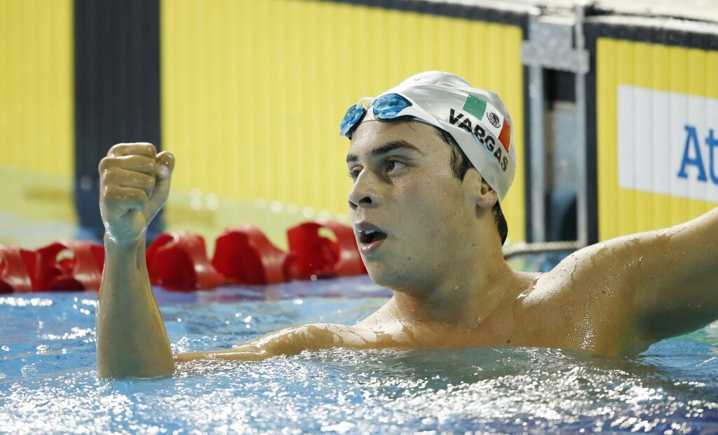 Jul 18, 2015; Toronto, Ontario, CAN; Ricardo Vargas of Mexico celebrates after winning his final in the men's 1500m freestyle during the 2015 Pan Am Games at Pan Am Aquatics UTS Centre and Field House. Mandatory Credit: Erich Schlegel-USA TODAY Sports