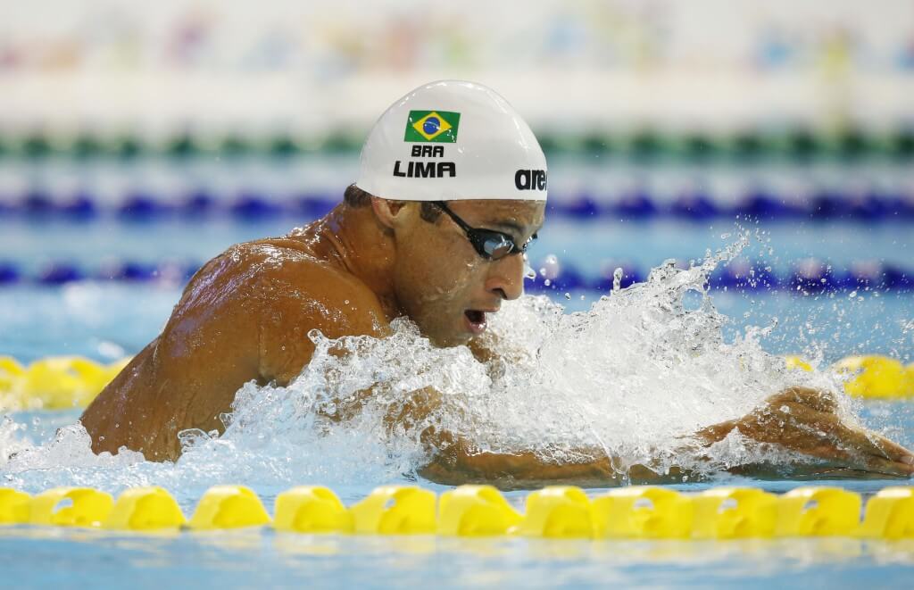 Jul 18, 2015; Toronto, Ontario, CAN; Felipe Lima of Brazil in the men's swimming 4x100m medley relay preliminary heats during the 2015 Pan Am Games at Pan Am Aquatics UTS Centre and Field House. Mandatory Credit: Erich Schlegel-USA TODAY Sports