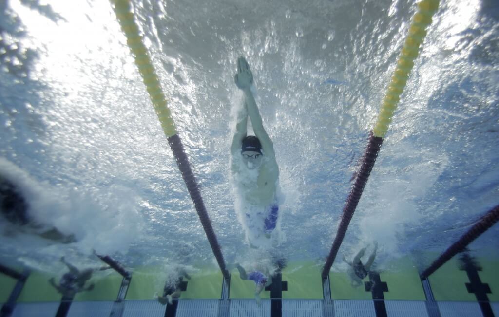 Jul 15, 2015; Toronto, Ontario, CAN; Michael Klueh of the United States in the men’s 4x200m freestyle relay final during the 2015 Pan Am Games at Pan Am Aquatics UTS Centre and Field House. Mandatory Credit: Erich Schlegel-USA TODAY Sports