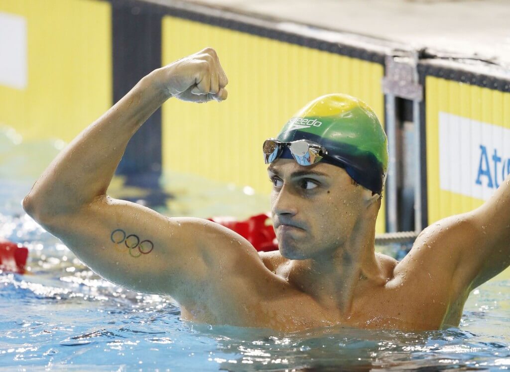 Jul 14, 2015; Toronto, Ontario, CAN; Leonardo De Deus of Brazil celebrates after winning in the men's 200m butterfly swimming final during the 2015 Pan Am Games at Pan Am Aquatics UTS Centre and Field House. Mandatory Credit: Erich Schlegel-USA TODAY Sports