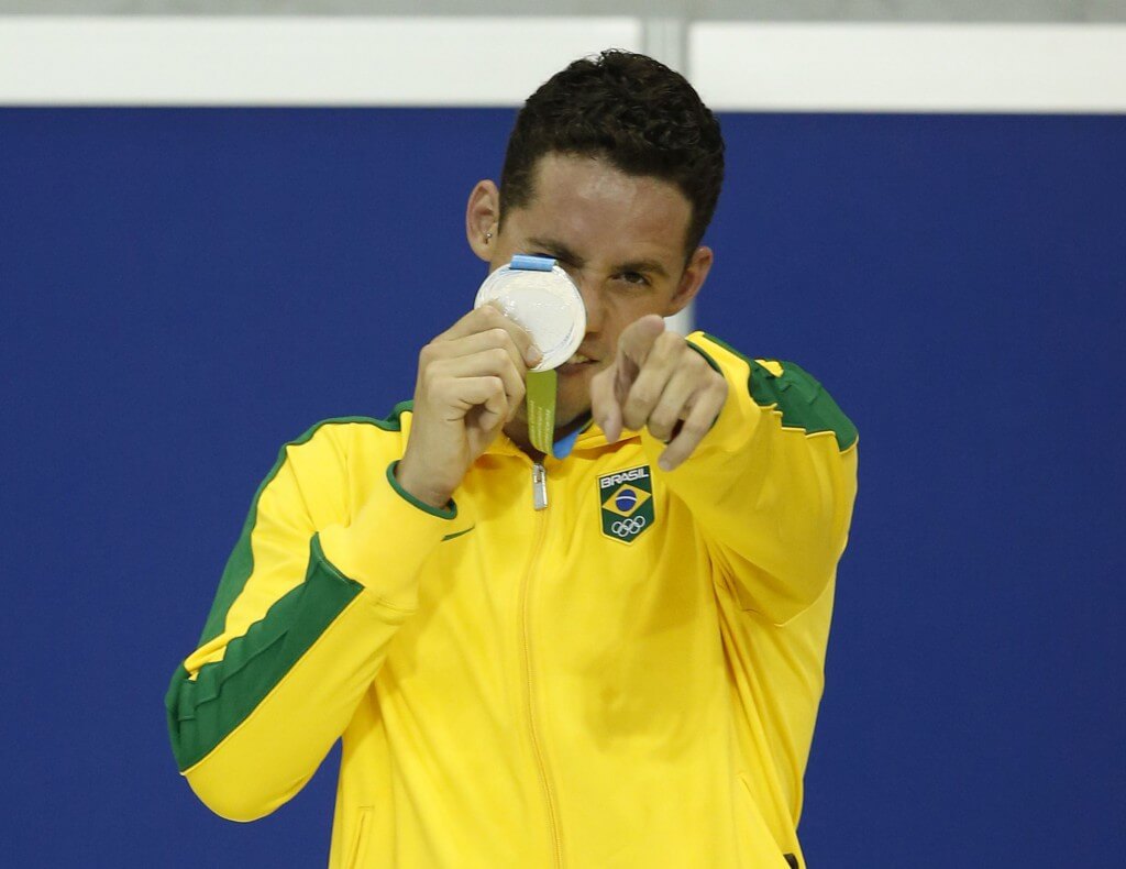 Jul 18, 2015; Toronto, Ontario, CAN; Thiago Pereira of Brazil poses with his silver medal after the men's swimming 200m individual medley final during the 2015 Pan Am Games at Pan Am Aquatics UTS Centre and Field House. Mandatory Credit: Erich Schlegel-USA TODAY Sports