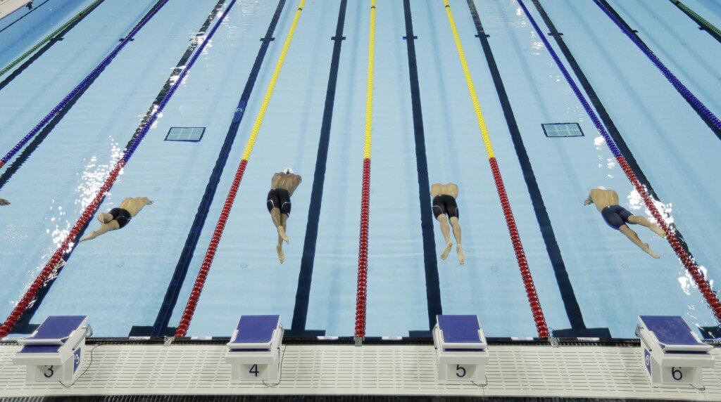 Jul 17, 2015; Toronto, Ontario, CAN; A general view of the start of a men's 50m freestyle preliminary heats during the 2015 Pan Am Games at Pan Am Aquatics UTS Centre and Field House. Mandatory Credit: Erich Schlegel-USA TODAY Sports