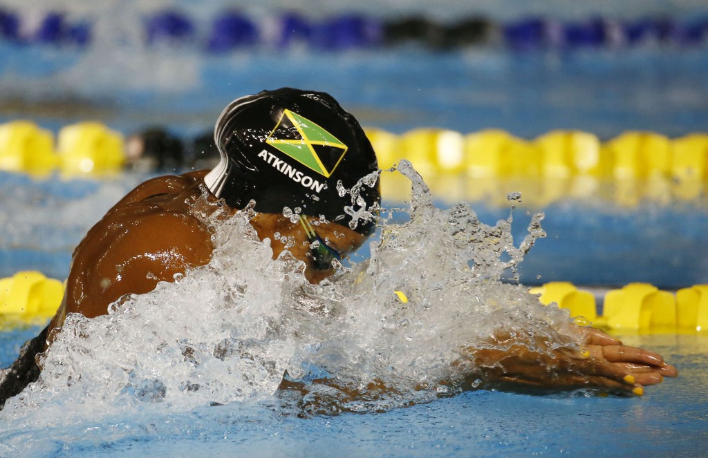 Jul 17, 2015; Toronto, Ontario, CAN; Alia Atkinson of Jamaica in the women's swimming 100m breaststroke preliminary heats during the 2015 Pan Am Games at Pan Am Aquatics UTS Centre and Field House. Mandatory Credit: Rob Schumacher-USA TODAY Sports