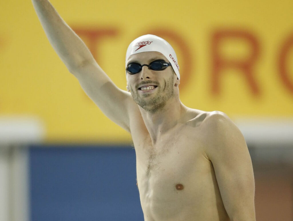 Jul 17, 2015; Toronto, Ontario, CAN; Ryan Cochrane of Canada waves to the crowd before the men's 400m freestyle final the 2015 Pan Am Games at Pan Am Aquatics UTS Centre and Field House. Mandatory Credit: Erich Schlegel-USA TODAY Sports