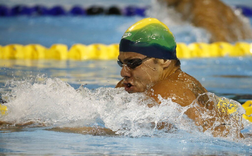 Jul 17, 2015; Toronto, Ontario, CAN; Felipe Franca Da Silva of Brazil competes in the men's swimming 100m breaststroke preliminary heats during the 2015 Pan Am Games at Pan Am Aquatics UTS Centre and Field House. Mandatory Credit: Rob Schumacher-USA TODAY Sports