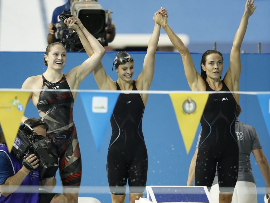 Jul 18, 2015; Toronto, Ontario, CAN; Kelsi Worrell , Katie Meili , Natalie Coughlin and Allison Schmitt of the United States celebrate after winning the women's swimming 4x100m medley final during the 2015 Pan Am Games at Pan Am Aquatics UTS Centre and Field House. Mandatory Credit: Erich Schlegel-USA TODAY Sports