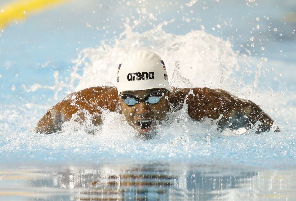 Jul 16, 2015; Toronto, Ontario, CAN; Giles Smith of the United States competes in the men's swimming 100m butterfly preliminary heats during the 2015 Pan Am Games at Pan Am Aquatics UTS Centre and Field House. Mandatory Credit: Erich Schlegel-USA TODAY Sports