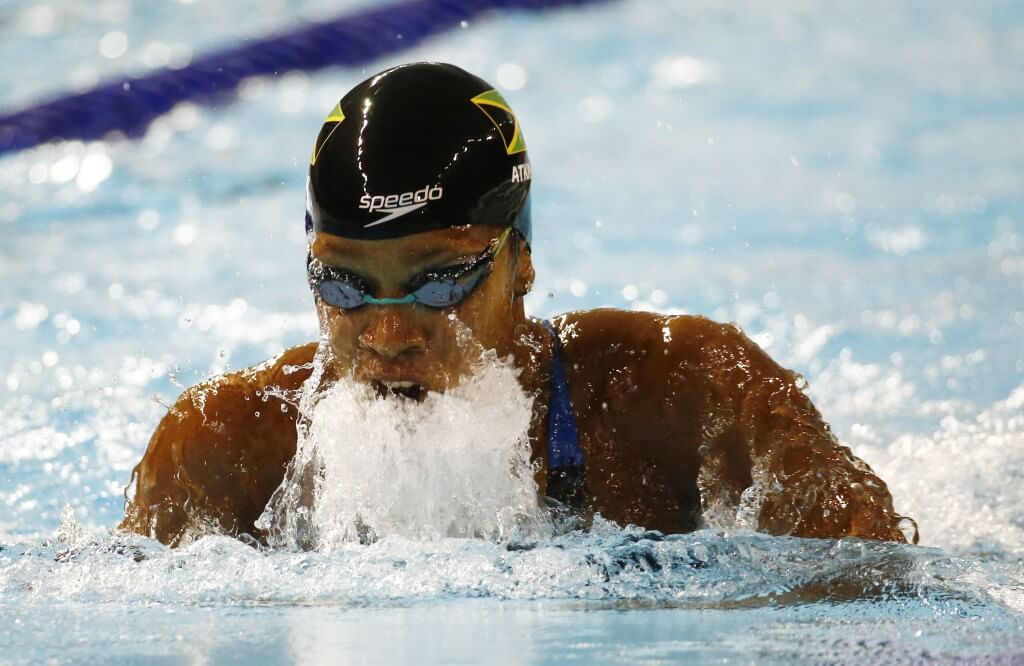 Jul 17, 2015; Toronto, Ontario, CAN; Alia Atkinson of Jamaica competes in the women's 100m breaststroke final the 2015 Pan Am Games at Pan Am Aquatics UTS Centre and Field House. Mandatory Credit: Rob Schumacher-USA TODAY Sports