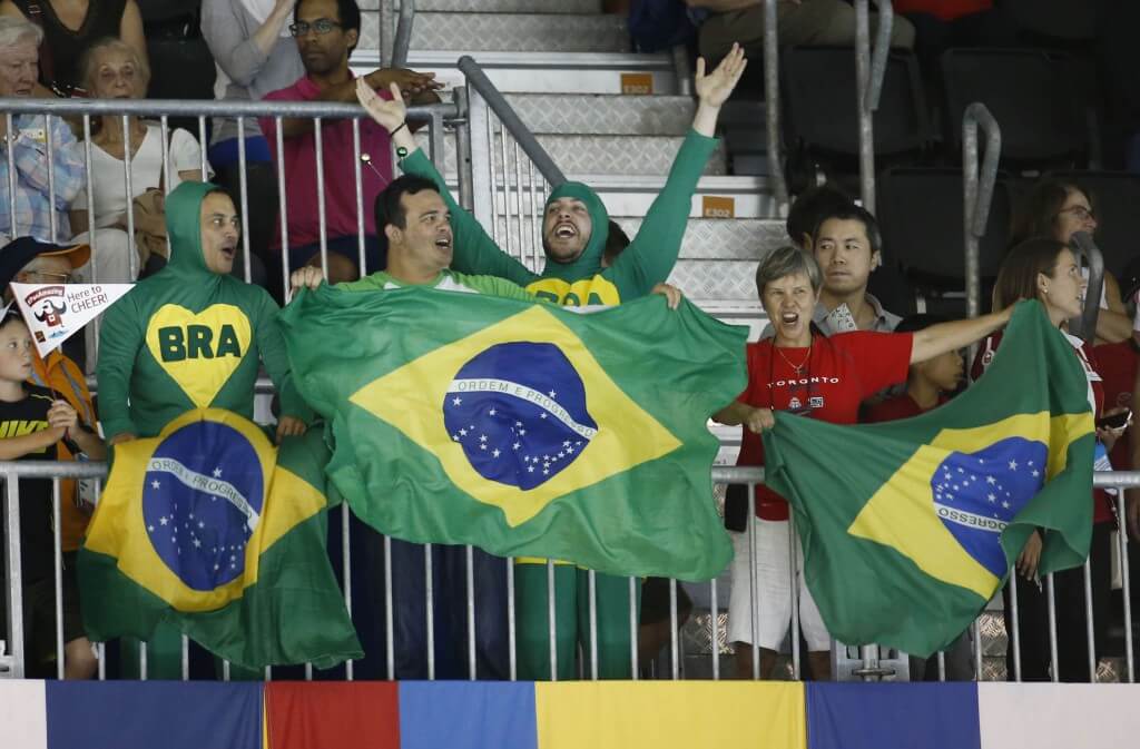 Jul 17, 2015; Toronto, Ontario, CAN; Brazil fans wave flags during the 2015 Pan Am Games at Pan Am Aquatics UTS Centre and Field House. Mandatory Credit: Rob Schumacher-USA TODAY Sports