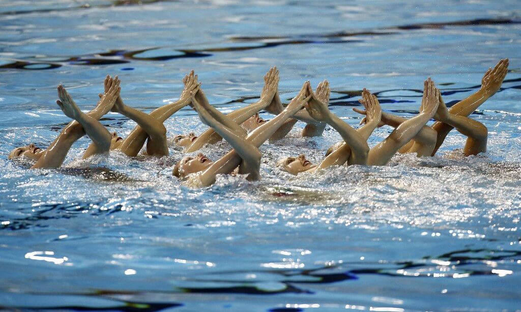Jul 11, 2015; Toronto, Ontario, CAN; Team Canada competes in team synchronized swimming during the 2015 Pan Am Games at Pan Am Aquatics UTS Centre and Field House. Mandatory Credit: Rob Schumacher-USA TODAY Sports