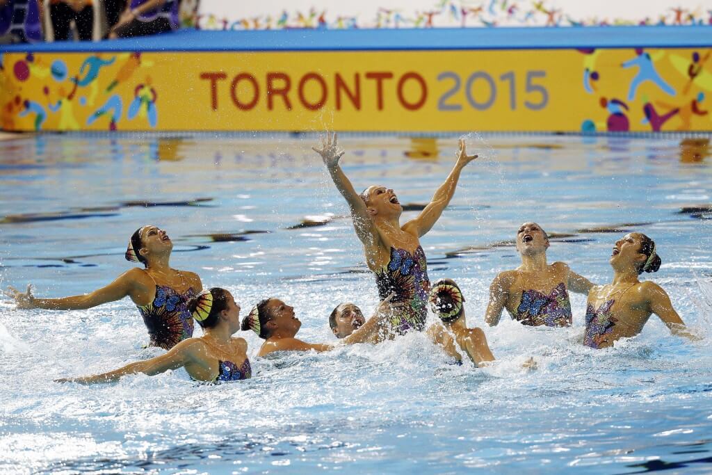 Jul 11, 2015; Toronto, Ontario, CAN; The United States competes in team synchronized swimming during the 2015 Pan Am Games at Pan Am Aquatics UTS Centre and Field House. Mandatory Credit: Rob Schumacher-USA TODAY Sports