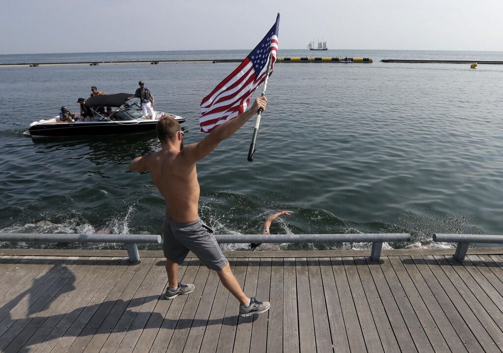 Jul 12, 2015; Toronto, Ontario, CAN; Ryan Feeley of Rye, Michigan cheers during the men's open water swim during the 2015 Pan Am Games at Ontario Place West Channel. Mandatory Credit: Erich Schlegel-USA TODAY Sports