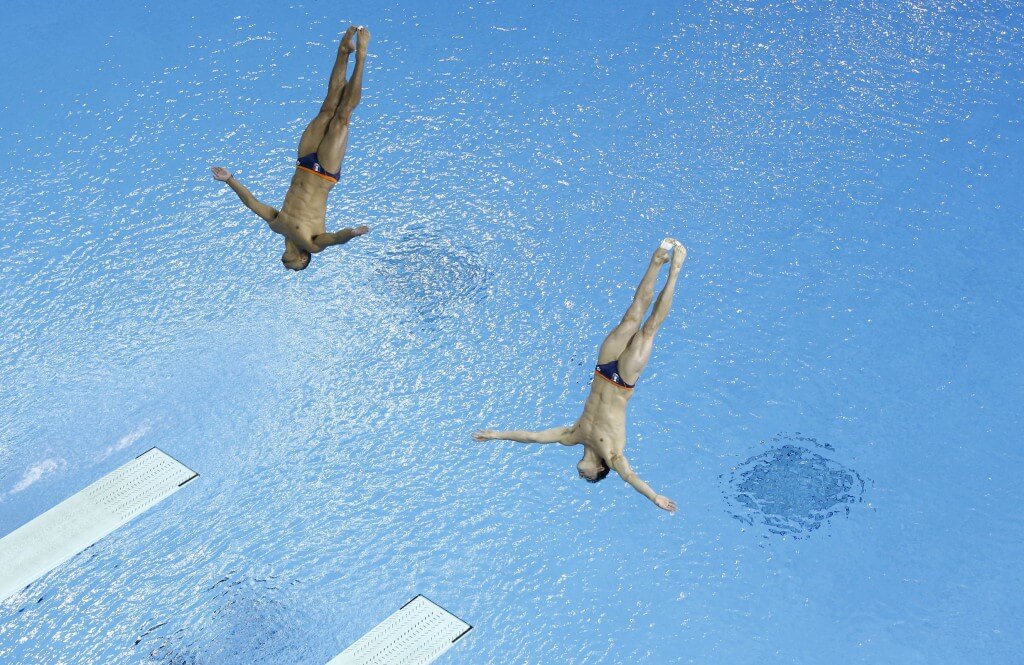 Jul 13, 2015; Toronto, Ontario, USA; Jahir Ocampo and Rommel Pacheco of Mexico compete in the men's synchronised diving 3m springboard final the 2015 Pan Am Games at Pan Am Aquatics UTS Centre and Field House. Mandatory Credit: Rob Schumacher-USA TODAY Sports