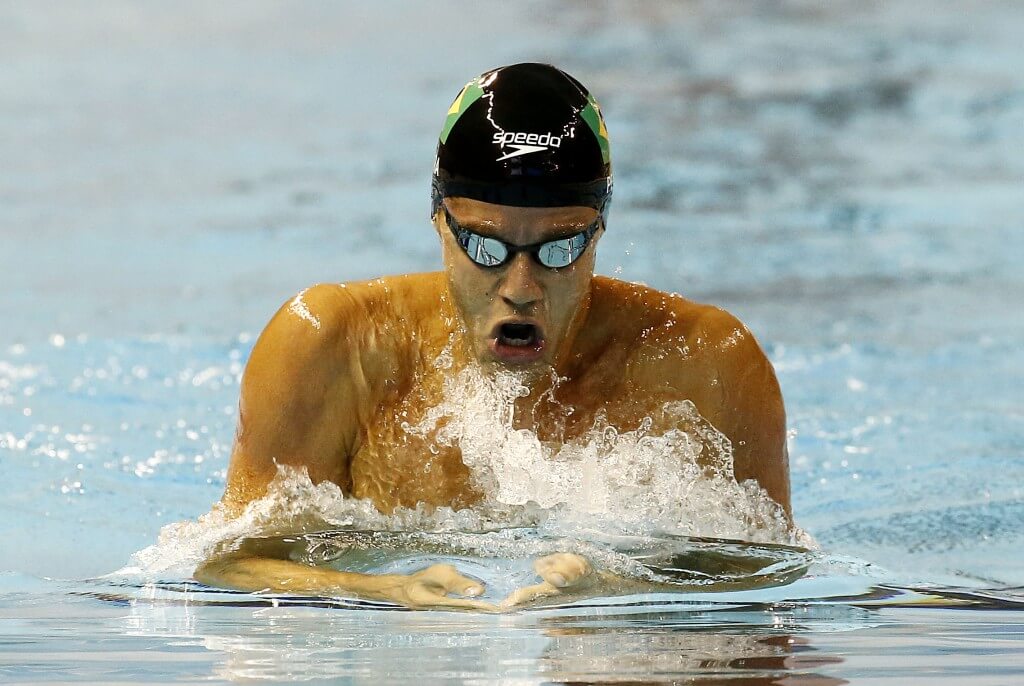 Jul 15, 2015; Toronto, Ontario, CAN; Thiago Pereira of Brazil in the men’s 200m breaststroke final during the 2015 Pan Am Games at Pan Am Aquatics UTS Centre and Field House. Mandatory Credit: Rob Schumacher-USA TODAY Sports