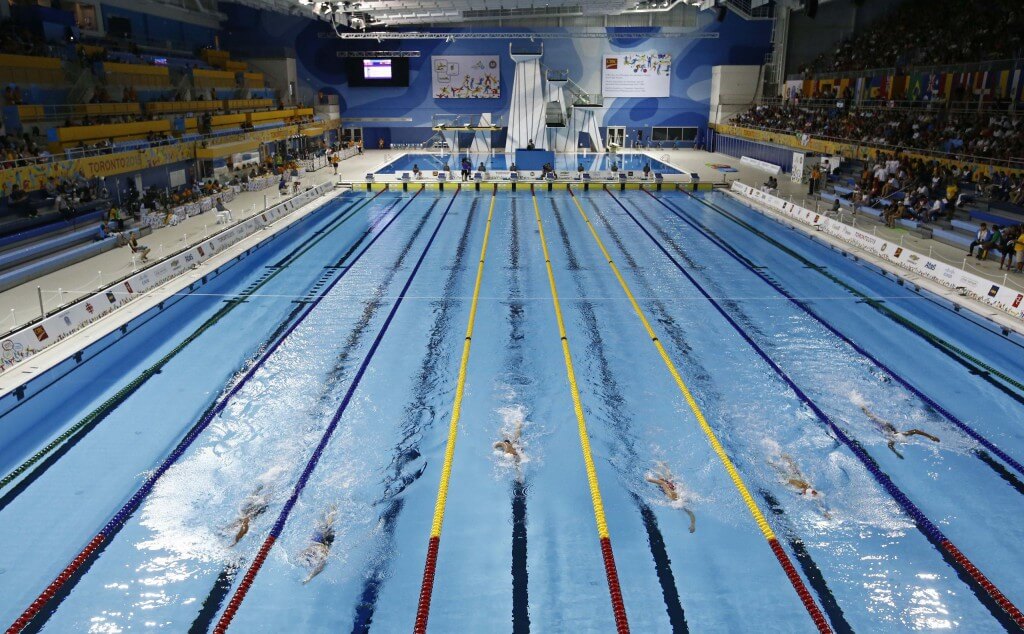 Jul 17, 2015; Toronto, Ontario, CAN; A general view during a women's swimming 400m freestyle preliminary heat during the 2015 Pan Am Games at Pan Am Aquatics UTS Centre and Field House. Mandatory Credit: Rob Schumacher-USA TODAY Sports
