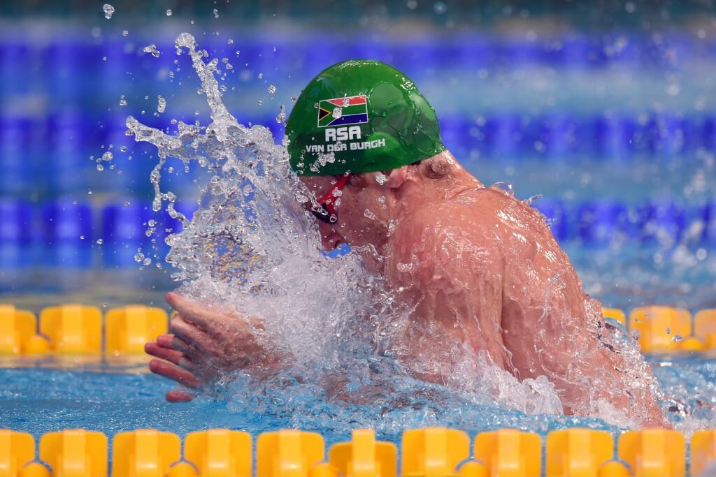 KAZAN, RUSSIA - AUGUST 04: Cameron van der Burgh of South Africa competes on the way to setting a new world record in a time of 26.62 in the Men's 50m Breaststroke heats on day eleven of the 16th FINA World Championships at the Kazan Arena on August 4, 2015 in Kazan, Russia. (Photo by Matthias Hangst/Getty Images)