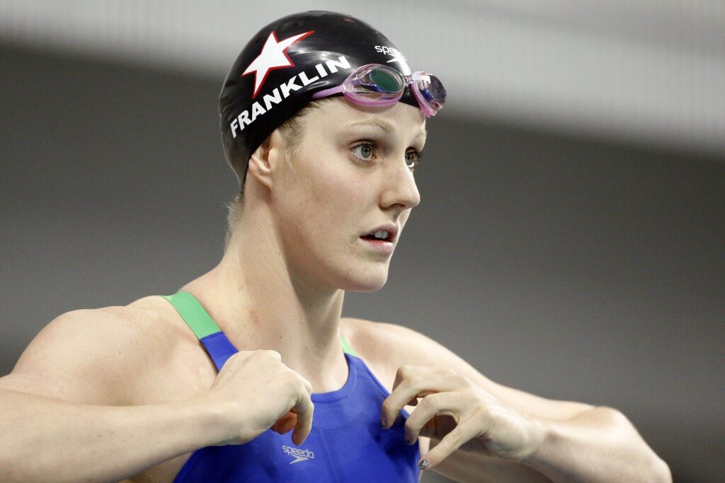 Jan 16, 2016; Austin, TX, USA; Missy Franklin before competing in the women's 200 meter free final during the 2016 Arena Pro Swim Series at Lee & Joe Jamail Texas Swimming Center. Mandatory Credit: Soobum Im-USA TODAY Sports