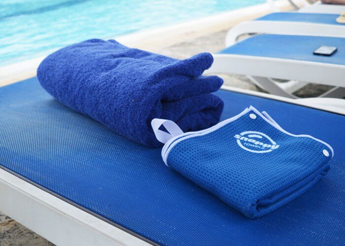 A better solution than bulky cotton towels, Snappy Towels pack easily in my swim bag, taking up less room than fluffy towels and 30% lighter, too.