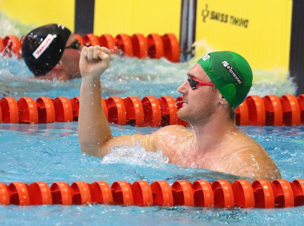 DURBAN, SOUTH AFRICA - APRIL 10: Cameron van den Burgh celebrates after qulaifying for the 100m breatstroke during the heats session on day 1 of the SA National Aquatic Championships and Olympic Trials on April 10 , 2016 at the Kings Park Aquatic Center pool in Durban, South Africa. Photo Credit / Anesh Debiky/Swim SA