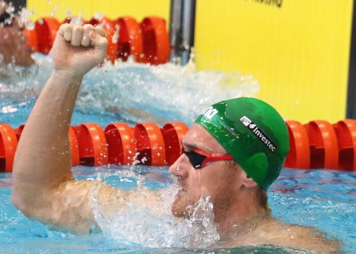 DURBAN, SOUTH AFRICA - APRIL 10: Cameron van den Burgh celebrates after qulaifying for the 100m breatstroke during the heats session on day 1 of the SA National Aquatic Championships and Olympic Trials on April 10 , 2016 at the Kings Park Aquatic Center pool in Durban, South Africa. Photo Credit / Anesh Debiky/Swim SA