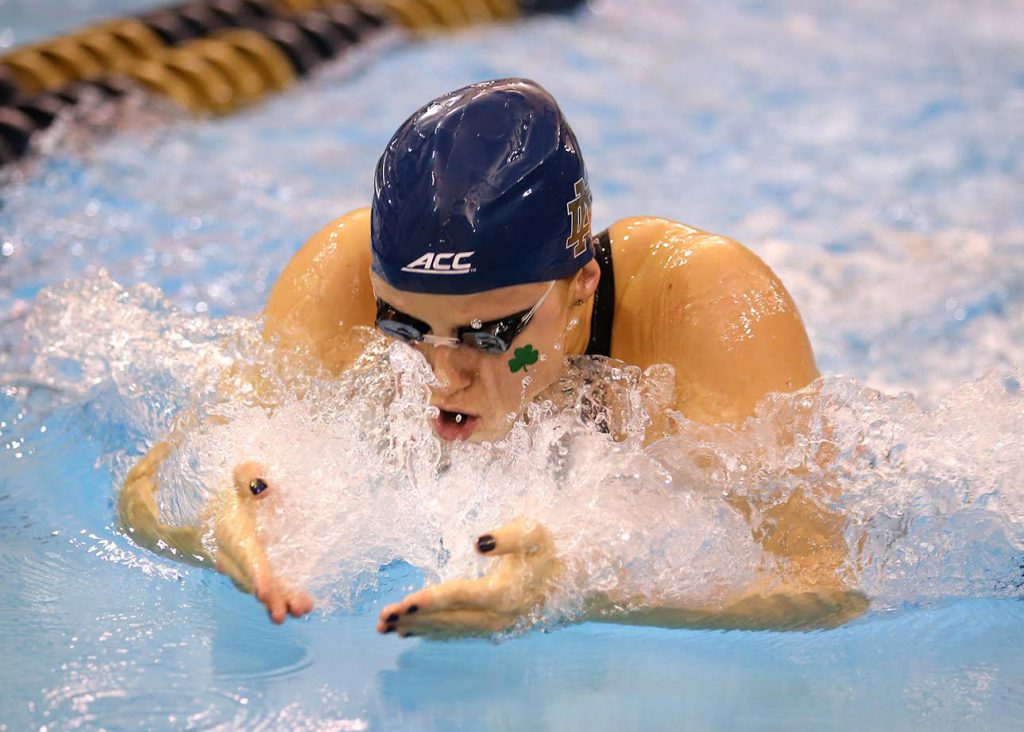 Notre Dame's Emma Reaney swims the 100 yard breaststroke during the 2015 ACC Women’s Swimming Championship in Atlanta, Ga., Friday, Feb. 20, 2015. (Photo by Todd Kirkland, theACC.com)