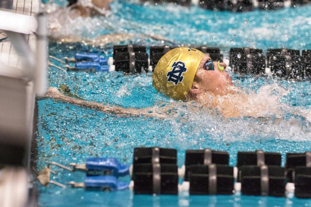Robbie Whitacre competes in the 200yd backstroke at the Hawkeye Invitational Swimming and Diving meet in Iowa City on Sunday, December 7, 2014 (Justin Torner/Freelance for Notre Dame Athletics)