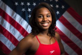 Swimmer Simone Manuel poses for a portrait at the 2016 Team USA Media Summit, March 7, 2016 in Beverly Hills, California. The 2016 Summer Olympics will be held in Rio de Janeiro, Brazil August 5-21. / AFP / VALERIE MACON / RESTRICTED TO EDITORIAL USE (Photo credit should read VALERIE MACON/AFP/Getty Images)
