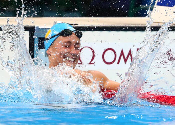 Aug 10, 2016; Rio de Janeiro, Brazil; Mirela Belmonte Garcia (ESP) celebrates after winning the women's 200m butterfly final in the Rio 2016 Summer Olympic Games at Olympic Aquatics Stadium. Mandatory Credit: Rob Schumacher-USA TODAY Sports