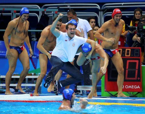 2016 Rio Olympics - Water Polo - Final - Men's Gold Medal Match Croatia v Serbia - Olympic Aquatics Stadium - Rio de Janeiro, Brazil - 20/08/2016. The Serbian team celebrates their gold medal win. REUTERS/Laszlo Balogh