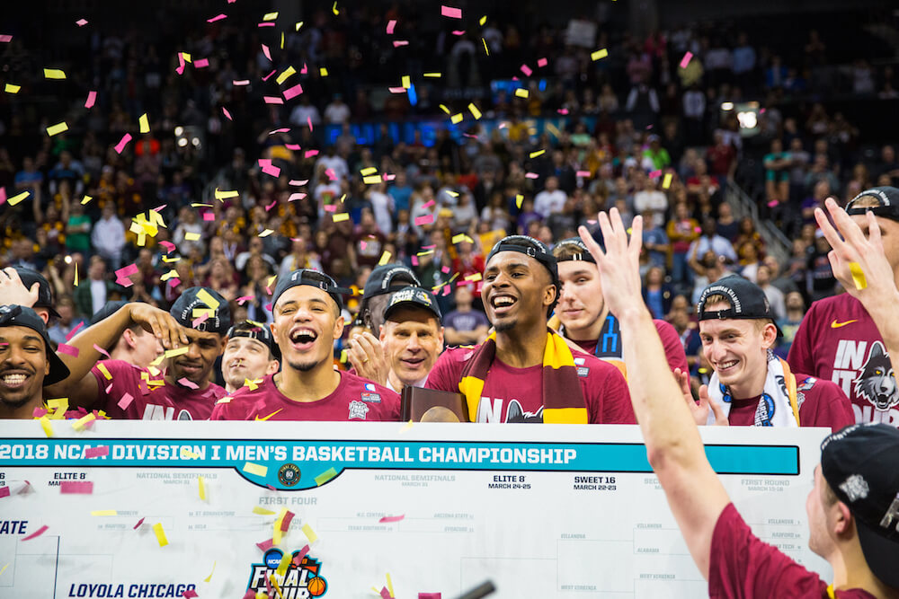 Loyola University Chicago players celebrate after beating Kansas State to advance to the Final Four in the NCAA Tournament at Philips Arena in Atlanta, GA., on March 24, 2018. (Photo: Lukas Keapproth)(Photo: Lukas Keapproth)