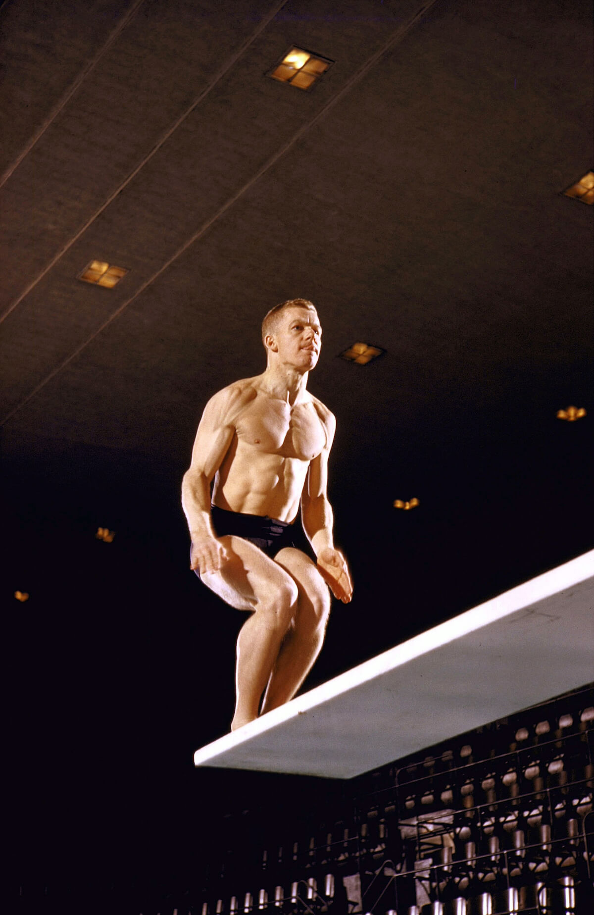 Diving: AAU Swim Meet: Bob Clotworthy in action during meet at Exhibition Pool in Payne Whitney Gymnasium on Yale University campus. New Haven, CT 4/8/1956 CREDIT: Richard Meek (Photo by Richard Meek /Sports Illustrated/Getty Images) (Set Number: X3674 )