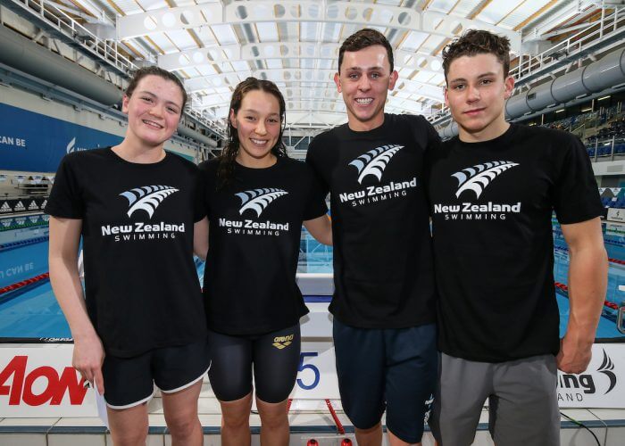 Youth Olympic nominees, L_R); Erica Fairweather, Gina Galloway, Zac Reid and Michael Pickett. AON Swimming New Zealand National Open Swimming Championships, National Aquatic Centre, Auckland, New Zealand, Friday 6 July 2018. Photo: Simon Watts/www.bwmedia.co.nz