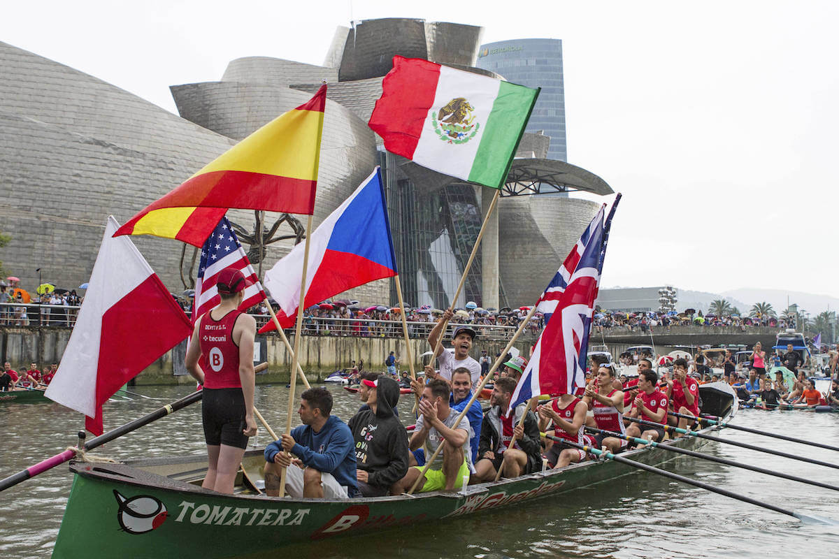 Divers flag ceremony during the final competition day of the second stop at the Red Bull Cliff Diving World Series in Bilbao, Spain on June 30, 2018. // Edu Bartolomé/Red Bull Content Pool // Usage for editorial use only // Please go to www.redbullcontentpool.com for further information. // // Edu Bartolomé / Red Bull Content Pool // AP-1W4VXAXR52111 // Usage for editorial use only // Please go to www.redbullcontentpool.com for further information. //