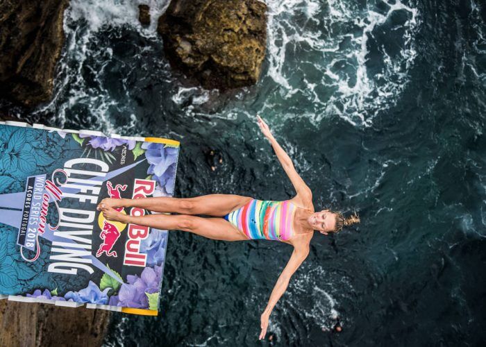 Jessica Macaulay of the UK dives from the 21 metre platform during the final competition day of the third stop at the Red Bull Cliff Diving World Series in Azores, Portugal on July 14, 2018. // Romina Amato/Red Bull Content Pool // AP-1W9D4XN9D2111 // Usage for editorial use only // Please go to www.redbullcontentpool.com for further information. //