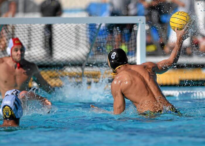 Zacchary Kappos takes a 5 meter penalty shot and scores for Long Beach State during men's water polo during the first round quarterfinal game against Cal. Final score, Long Beach 9, Cal 6. Long Beach November 21, 2014. (Photo by Brittany Murray / Daily Breeze)