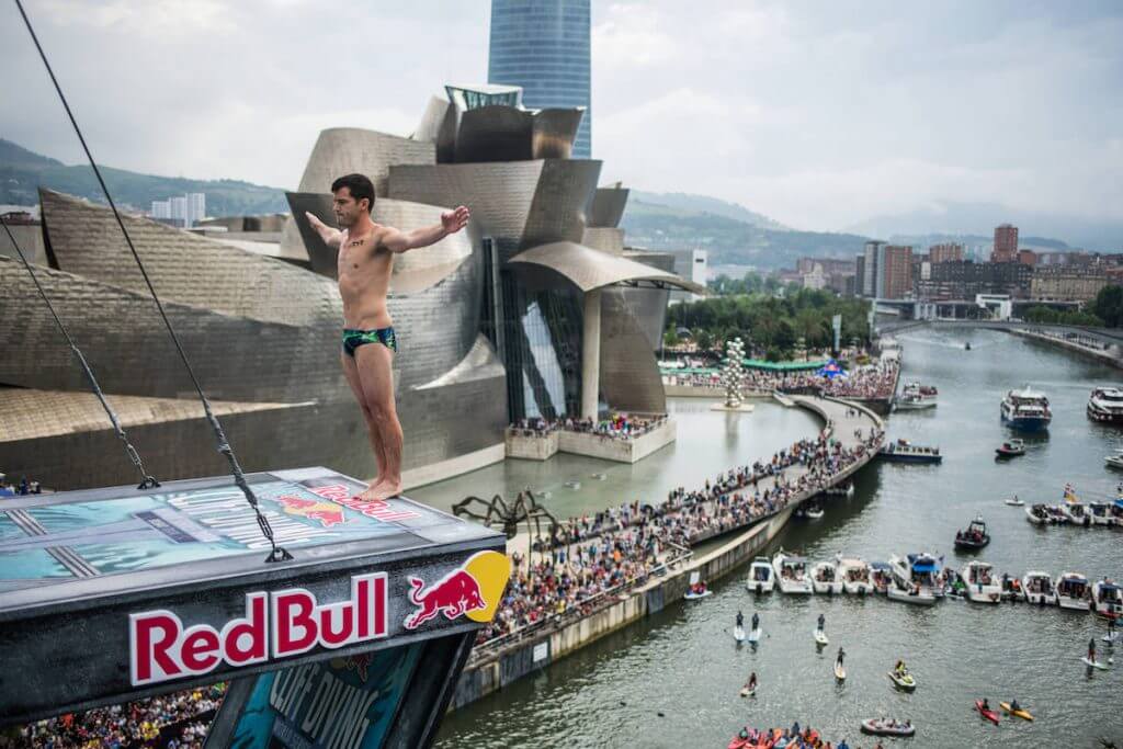 Steven LoBue of the USA before he dives from the 27 metre platform during the final competition day of the second stop at the Red Bull Cliff Diving World Series in Bilbao, Spain on June 30, 2018. // Romina Amato/Red Bull Content Pool // AP-1W4VG6QV52111 // Usage for editorial use only // Please go to www.redbullcontentpool.com for further information. //
