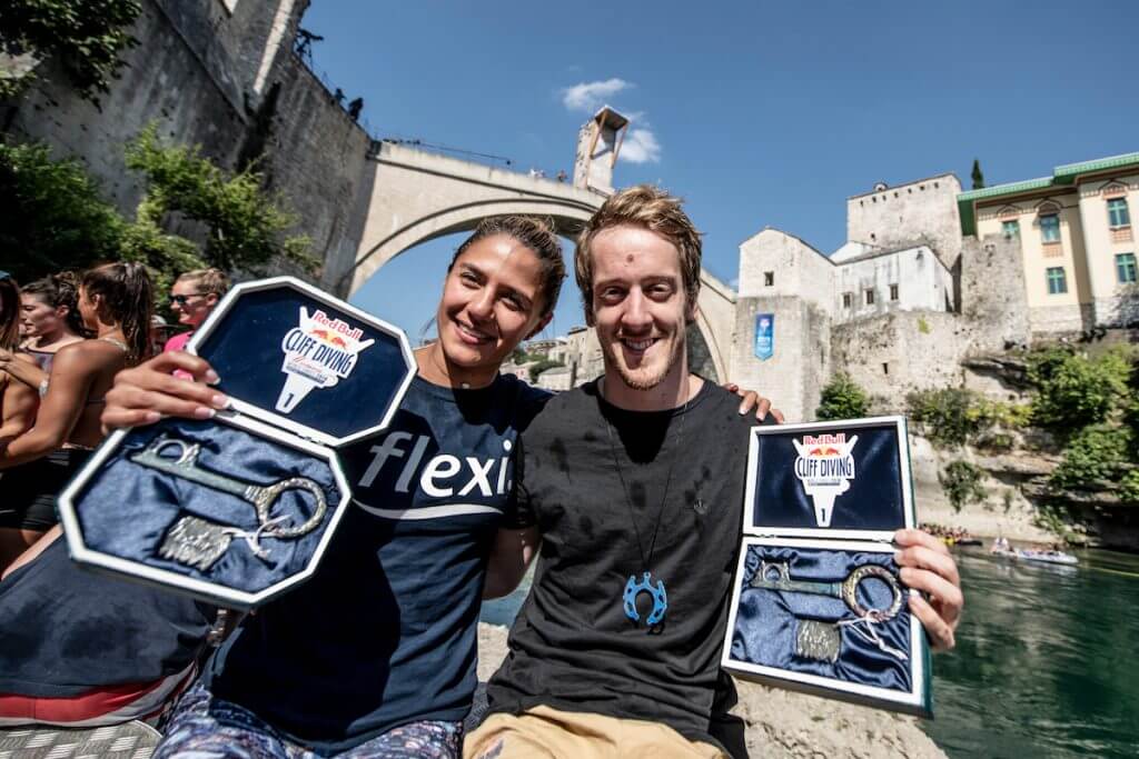 Event winners Adriana Jimenez (L) of Mexico and Gary Hunt of the UK during the final competition day of the sixth stop at the Red Bull Cliff Diving World Series in Mostar, Bosnia and Herzegovina on September 8, 2018. // Dean Treml/Red Bull Content Pool // AP-1WUB2FNFW2111 // Usage for editorial use only // Please go to www.redbullcontentpool.com for further information. //