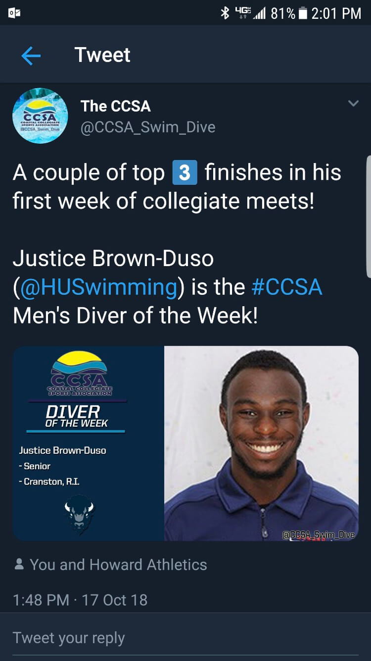 Transfer Justice Brown-Duso Men's Diver of the Week