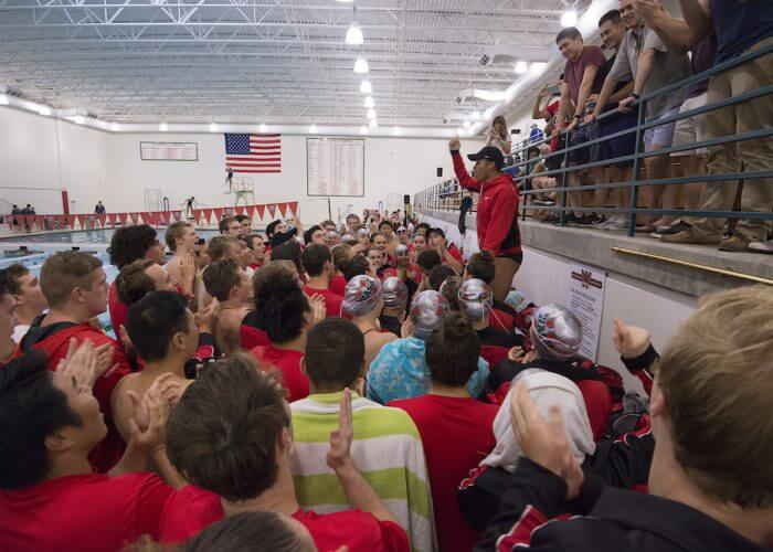 during an NCAA swimming and diving meet between Saint Louis University and The Wash U Bears at the Millstone Pool on the campus of Washington University in St. Louis. (Photo: Danny Reise/WUSTL Photos)