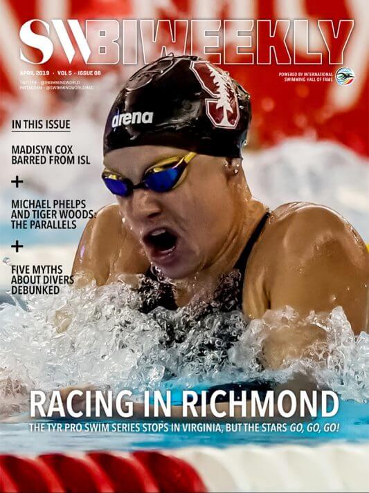 SW Biweekly 4-21-19 Cover April 2019 TYR Pro Swim Series Richmond Madisyn Cox Michael Phelps