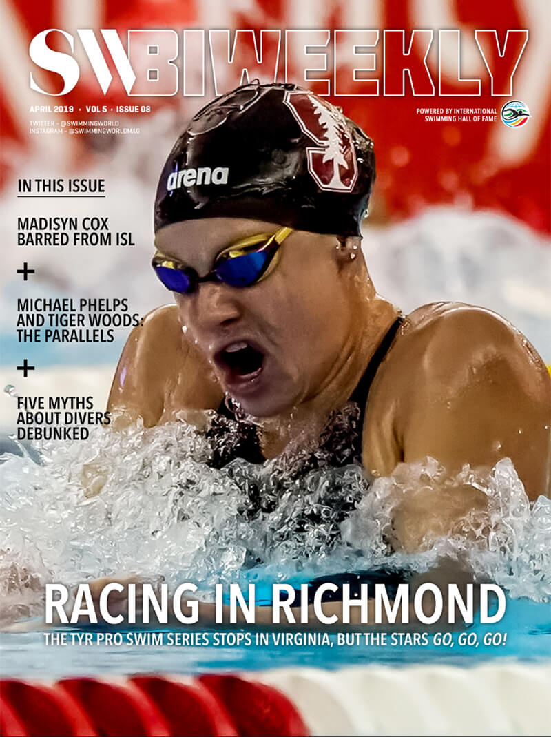 SW Biweekly 4-21-19 Cover April 2019 TYR Pro Swim Series Richmond Madisyn Cox Maggie Steffens Michael Phelps